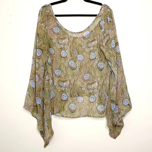 Show Me Your MuMu Peacock Feather Oversized Tunic Blouse Butterfly Sleeve Med - Picture 3 of 9